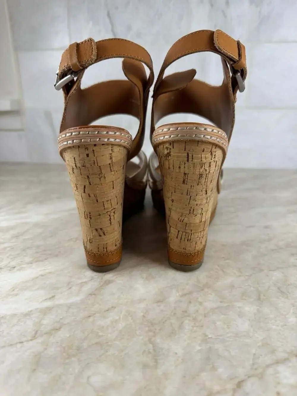 DV Dolce Vita Jaslyn Leather Cork Wedge Platform Sandals Tan White Womens 8.5